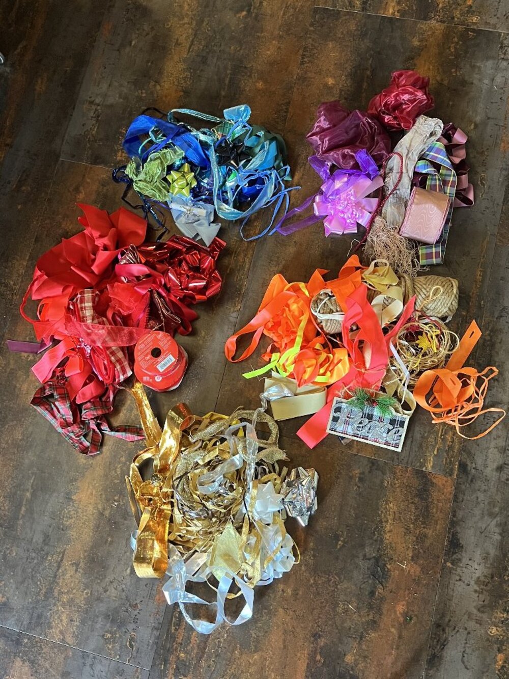 Lot of Christmas Ribbons, Bows, and Jute Grouped by Color